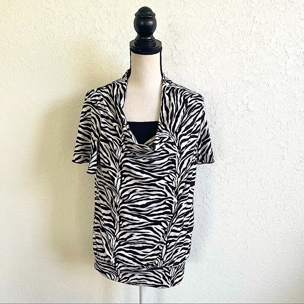 KIM ROGERS Black White Cowl Neck Zebra Stripes Animal Print Top Small EUC
